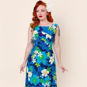 Vintage 60s Penneys Hawaii Floral Maxi Dress Blue Green Hibiscus‎ Aloha Tiki